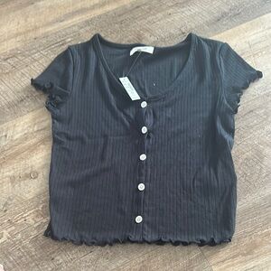 Black Ribbed Button-Up Top